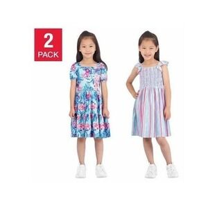 Tommy‎ Bahama 2 Pack Dresses Girls 3T Blue Pink Floral Stripe New Tiered Smocked